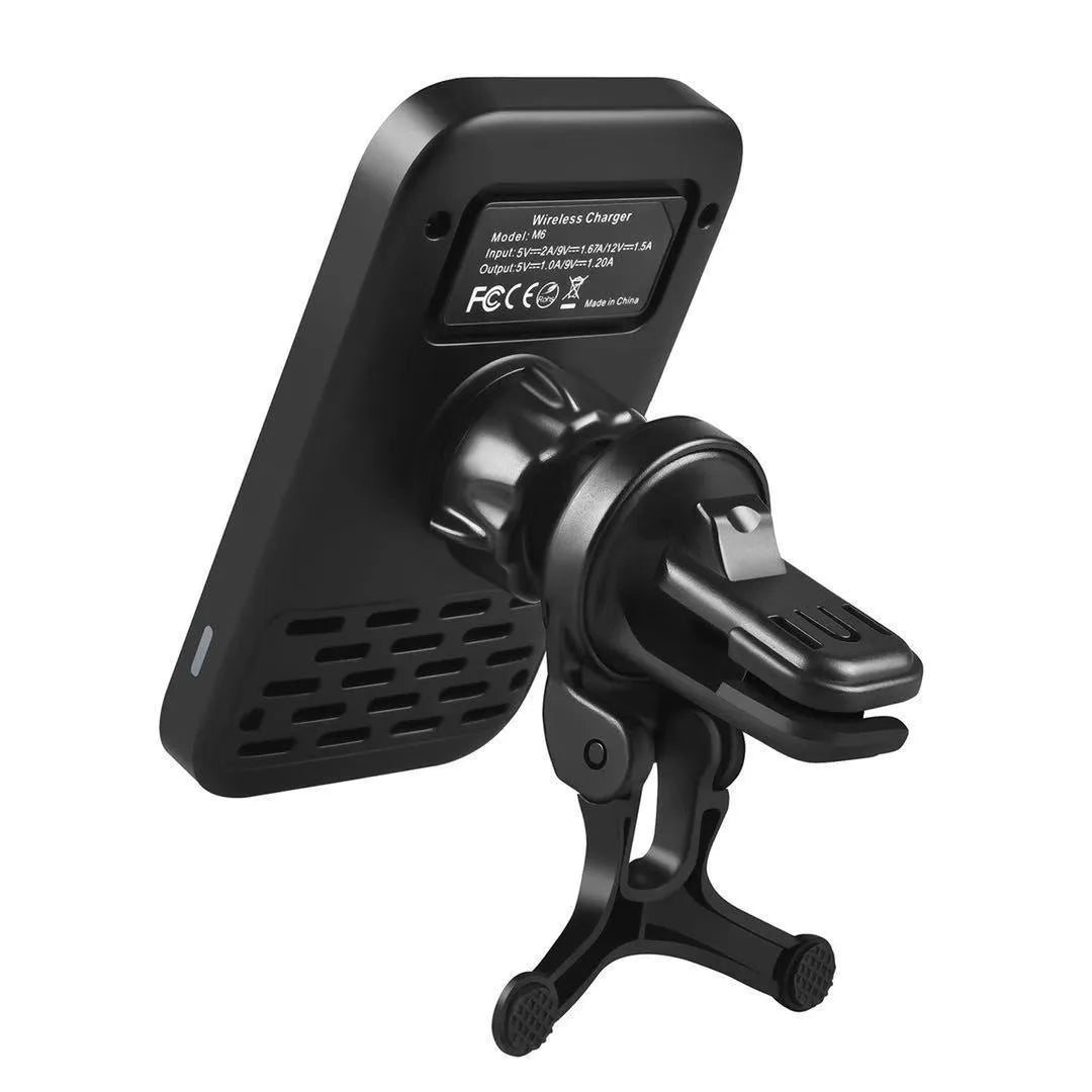 Black M6 magnetic wireless car charger mounted on a car air vent