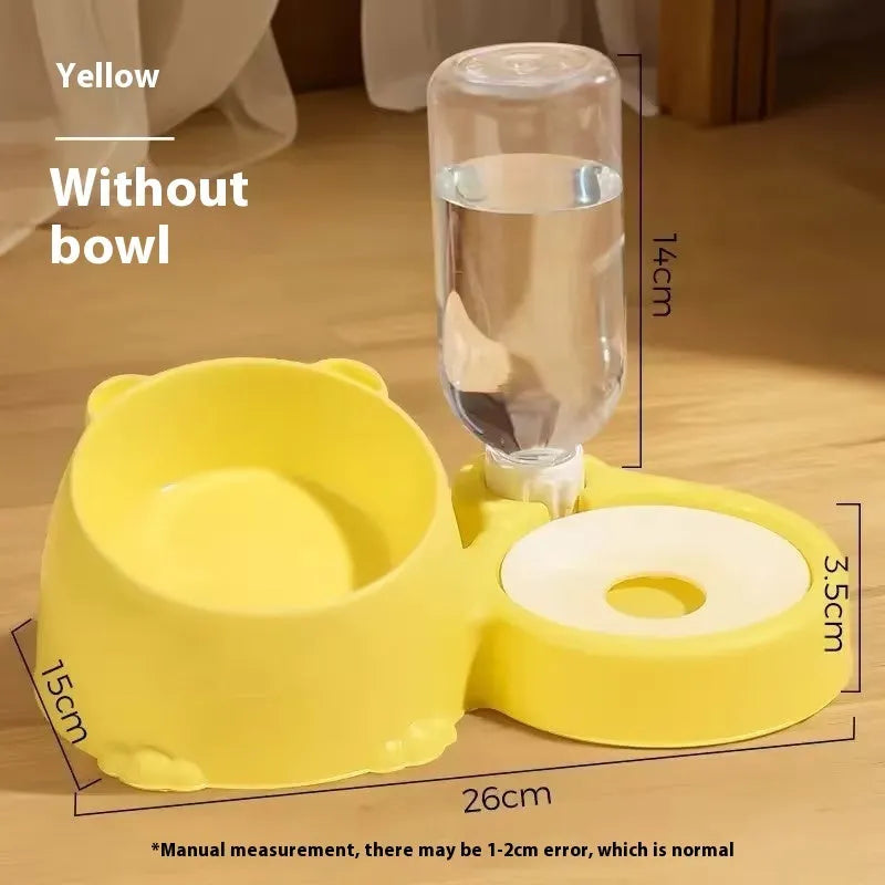 Double bowl automatic pet drinking fountain with stainless steel water reservoir and ceramic food compartments