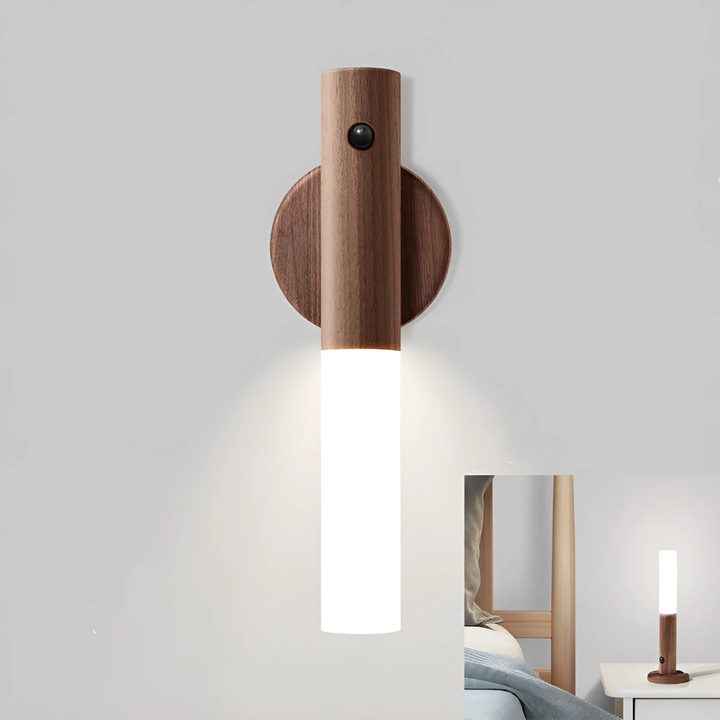 Smart sensor LED desk lamp in wood and glass, showing compact size and warm white light.