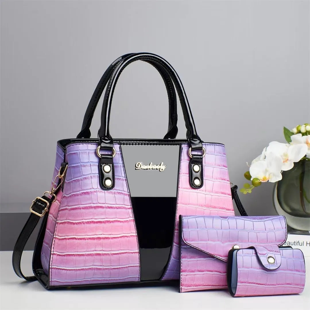 Women's crocodile stitching three-piece shoulder bag set in PU, showing main bag, smaller bag, and card bag.