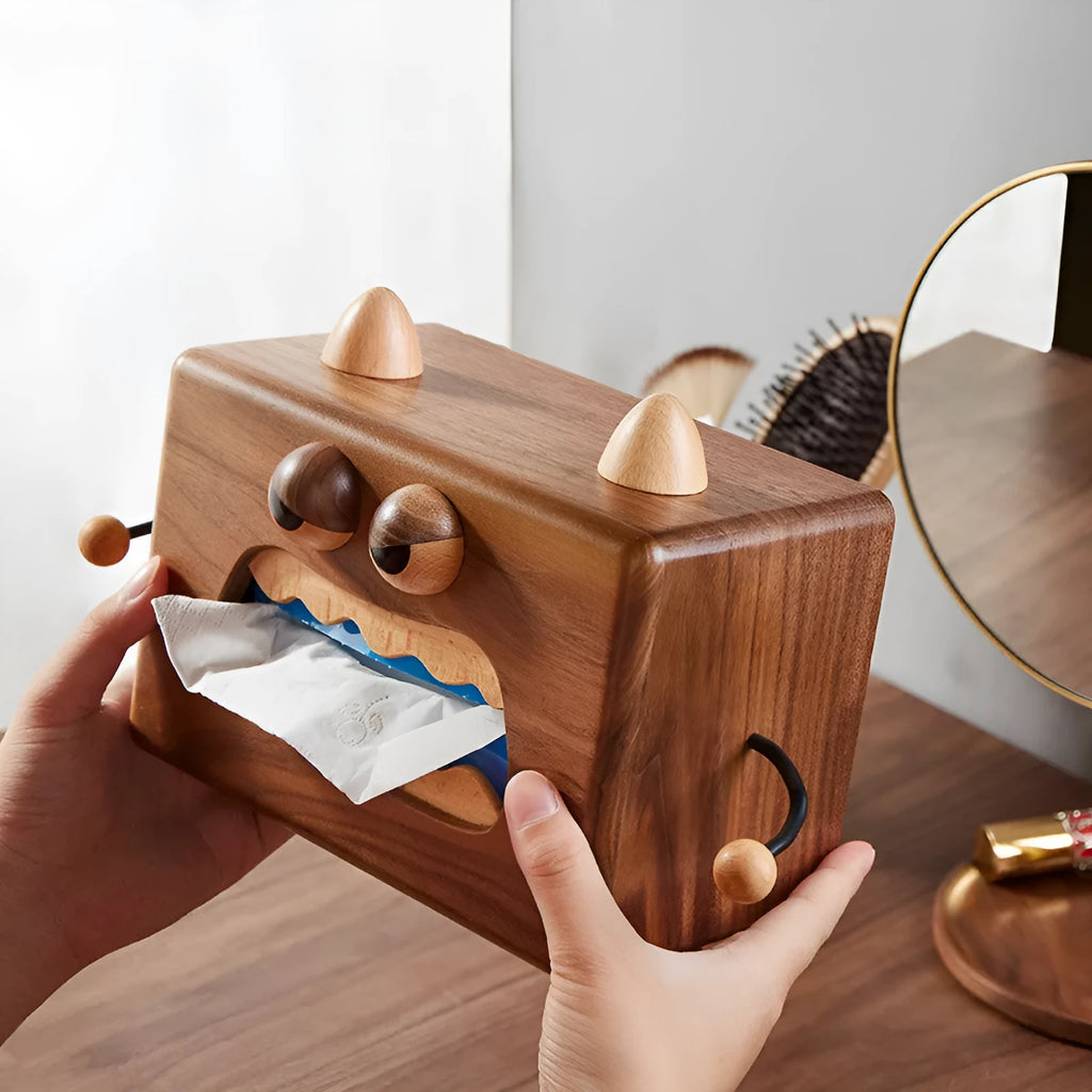 Cartoon Little Monster wooden tissue box in walnut beech colour, 190mm wide