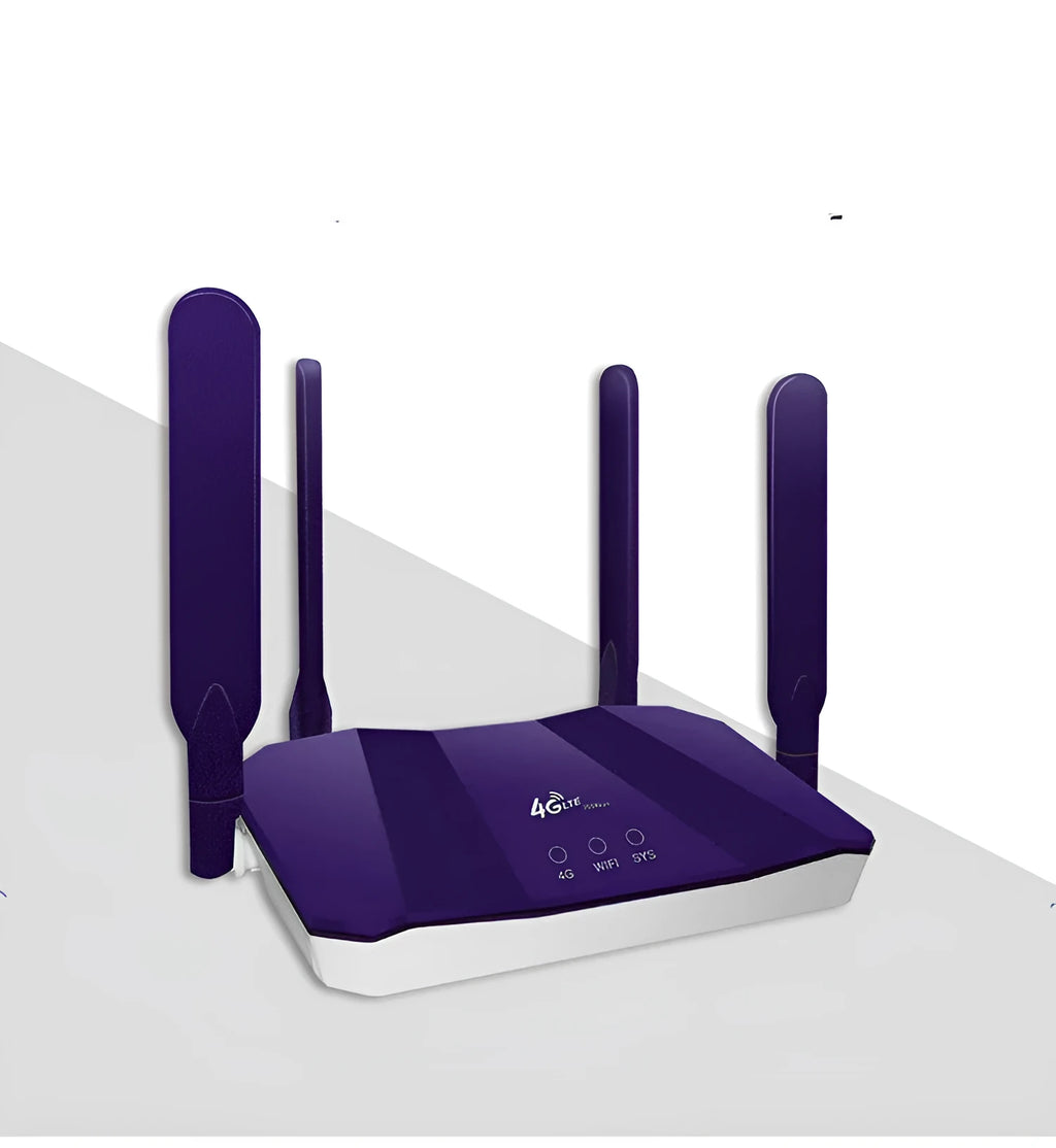 Blue 4G and wired dual-mode internet router with four extended antennas.