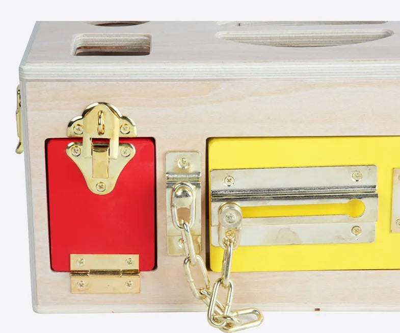 Wooden shape sorting lock box educational toy for preschool children with colourful shapes