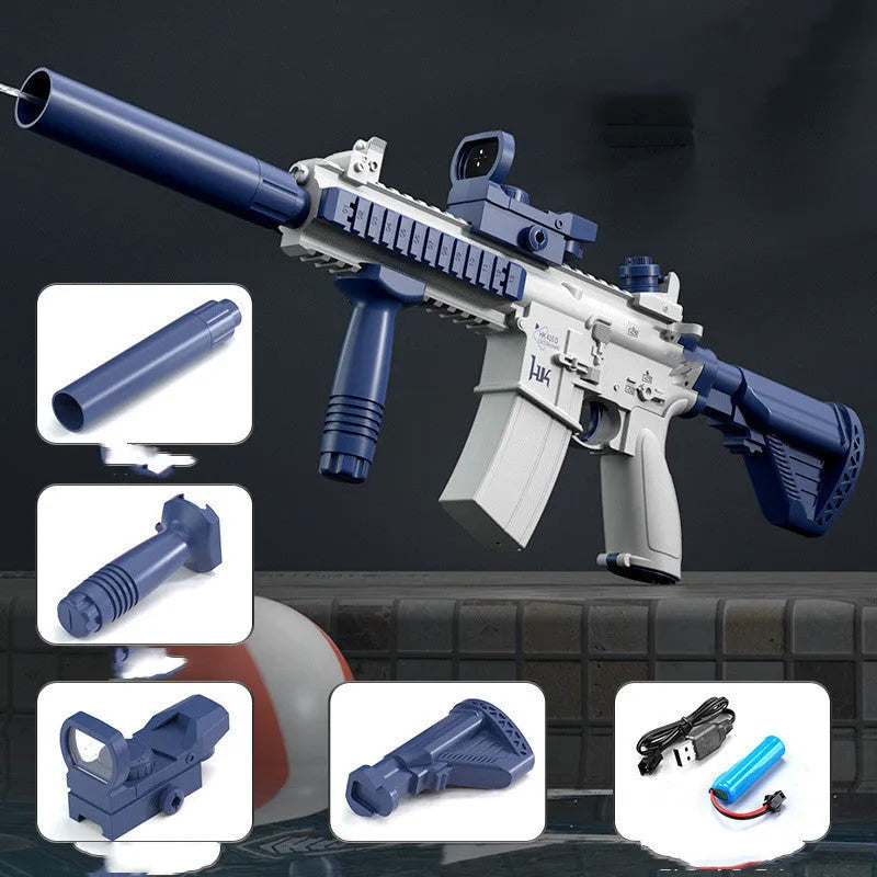 Blue electric water gun with automatic water absorption and USB charging cable