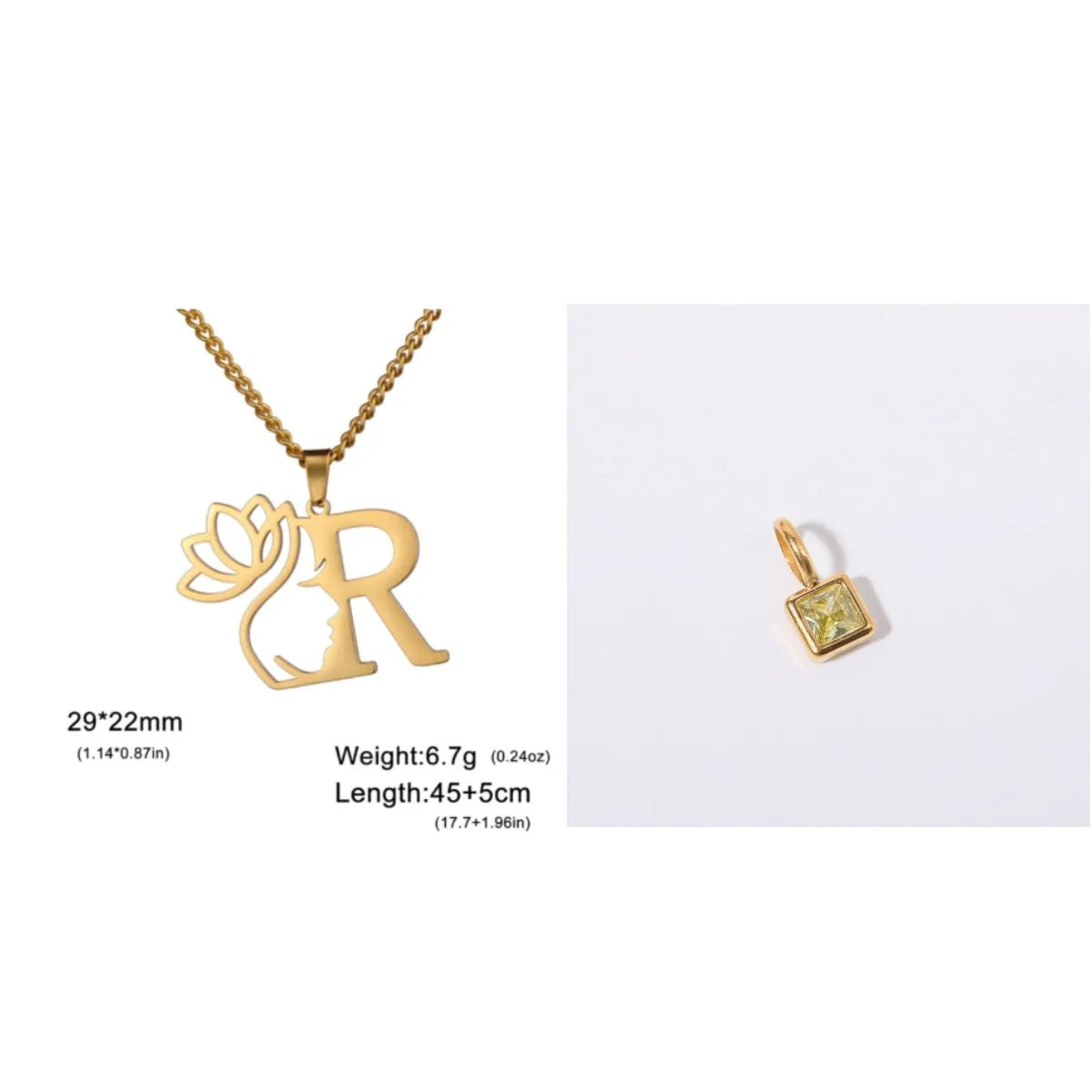 Stainless steel necklace with cross chain design and single letter pendant in gold or silver electroplated finish