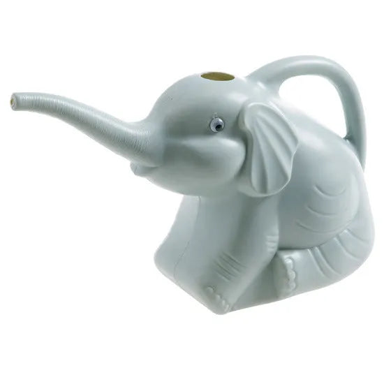 Pink elephant-shaped children's watering can with a long nozzle and baby bottle handle.