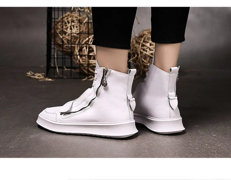 Men's black and white PU leather winter ankle boots in a high-top sneaker style.