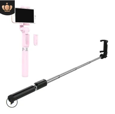 Aluminium alloy Bluetooth tripod selfie stick with remote control extended, holding a mobile phone.