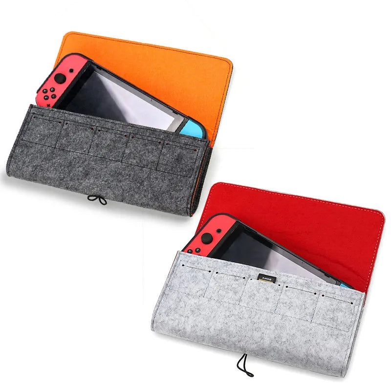 Black felt carrying pouch for Nintendo Switch console with game card slots and double storage layers.