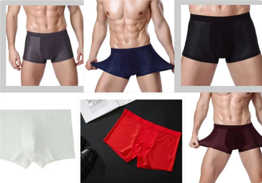 Men's solid colour ice silk modal boxer briefs with U-type convex design and mesh fabric.