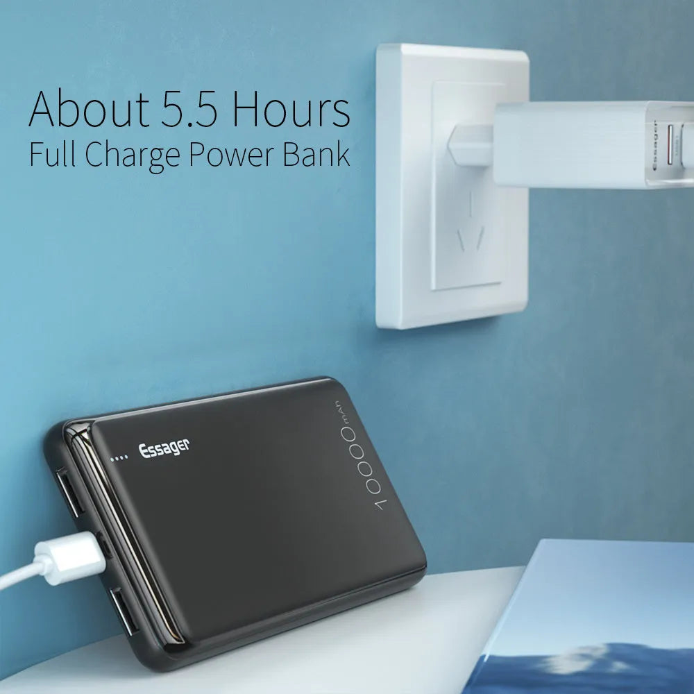 Essager 10000mAh portable power bank with LED indicators and dual USB ports in black