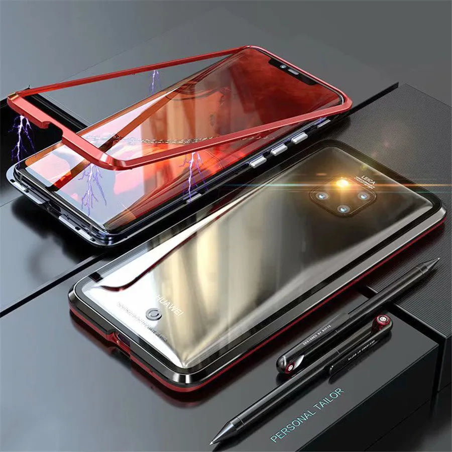Metal magnetic phone case with tempered glass back showing phone design, available in black, blue, red, white