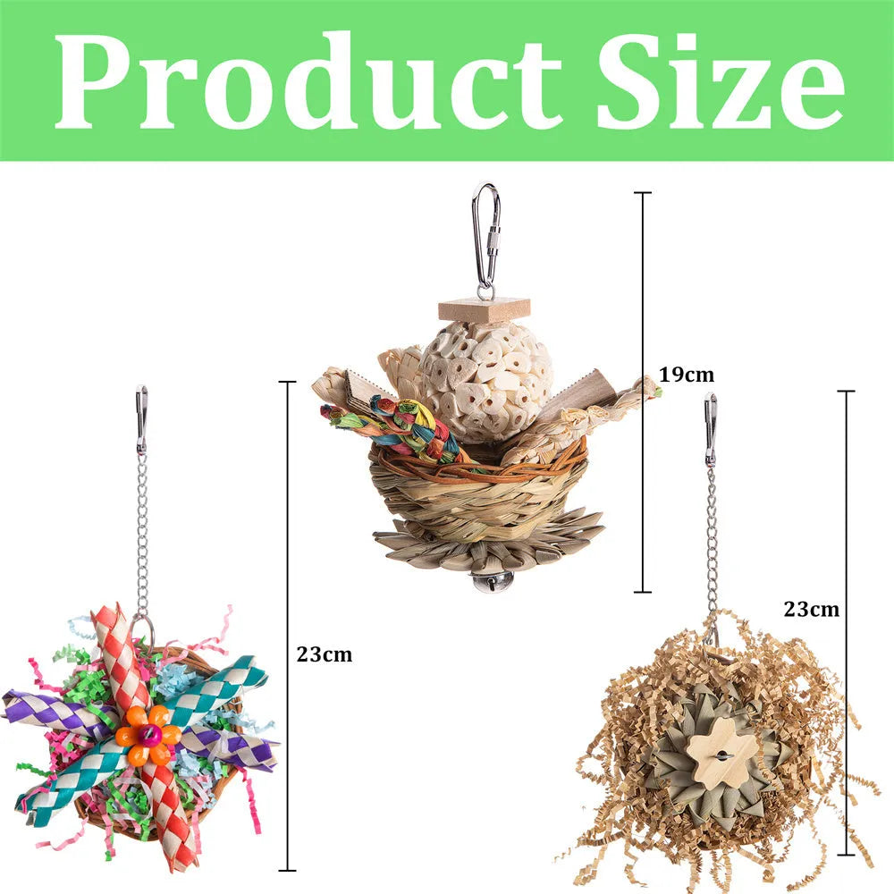Three natural wood and rope parrot gnawing toys hanging as a bundle for large bird cage enrichment.