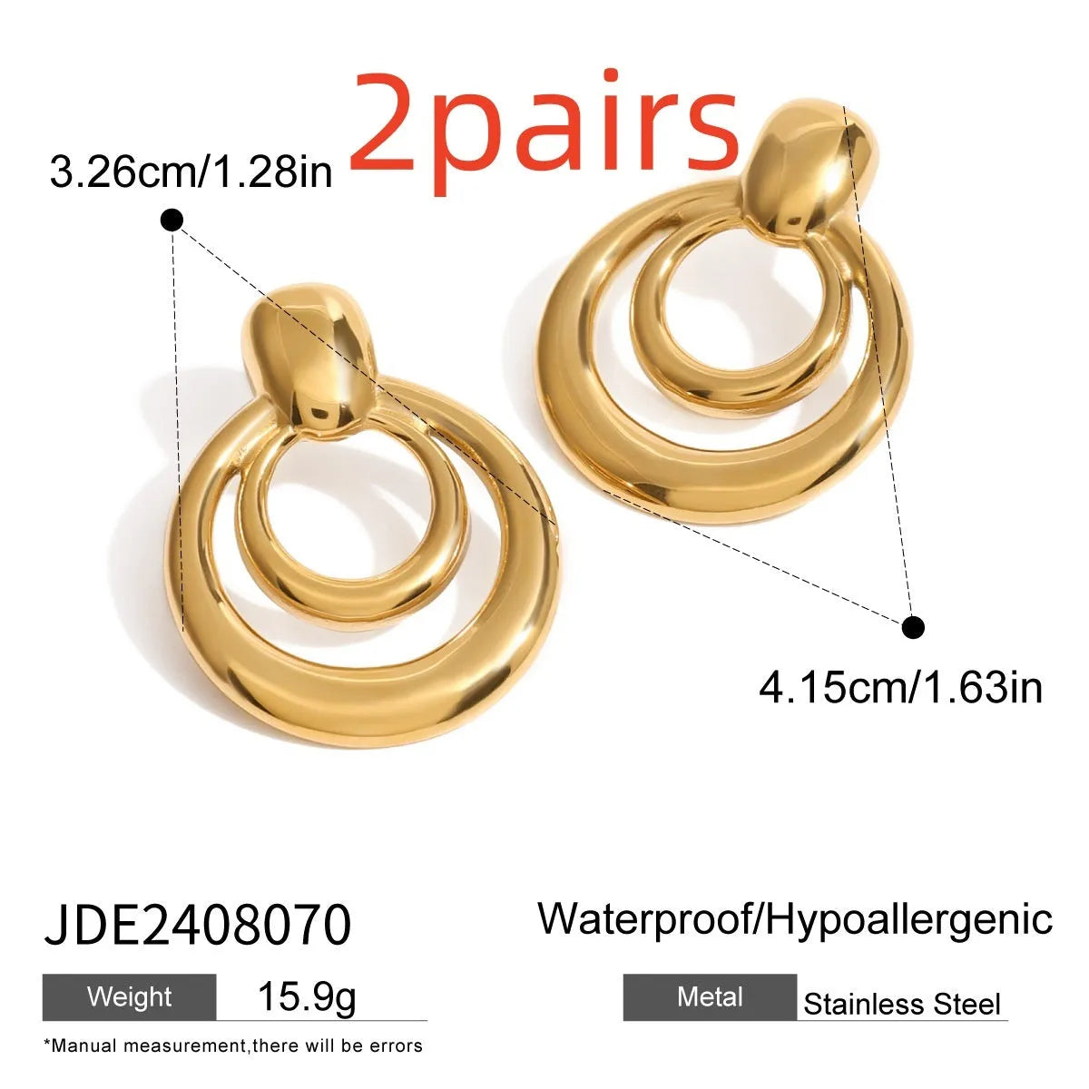 Round double layer hollow stud earrings with gold electroplated surface on titanium steel