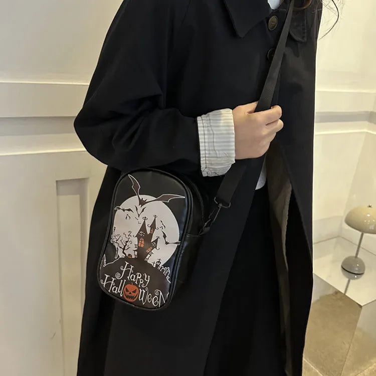Halloween graffiti phone crossbody bag with cartoon pumpkin ghost bat prints in PU material