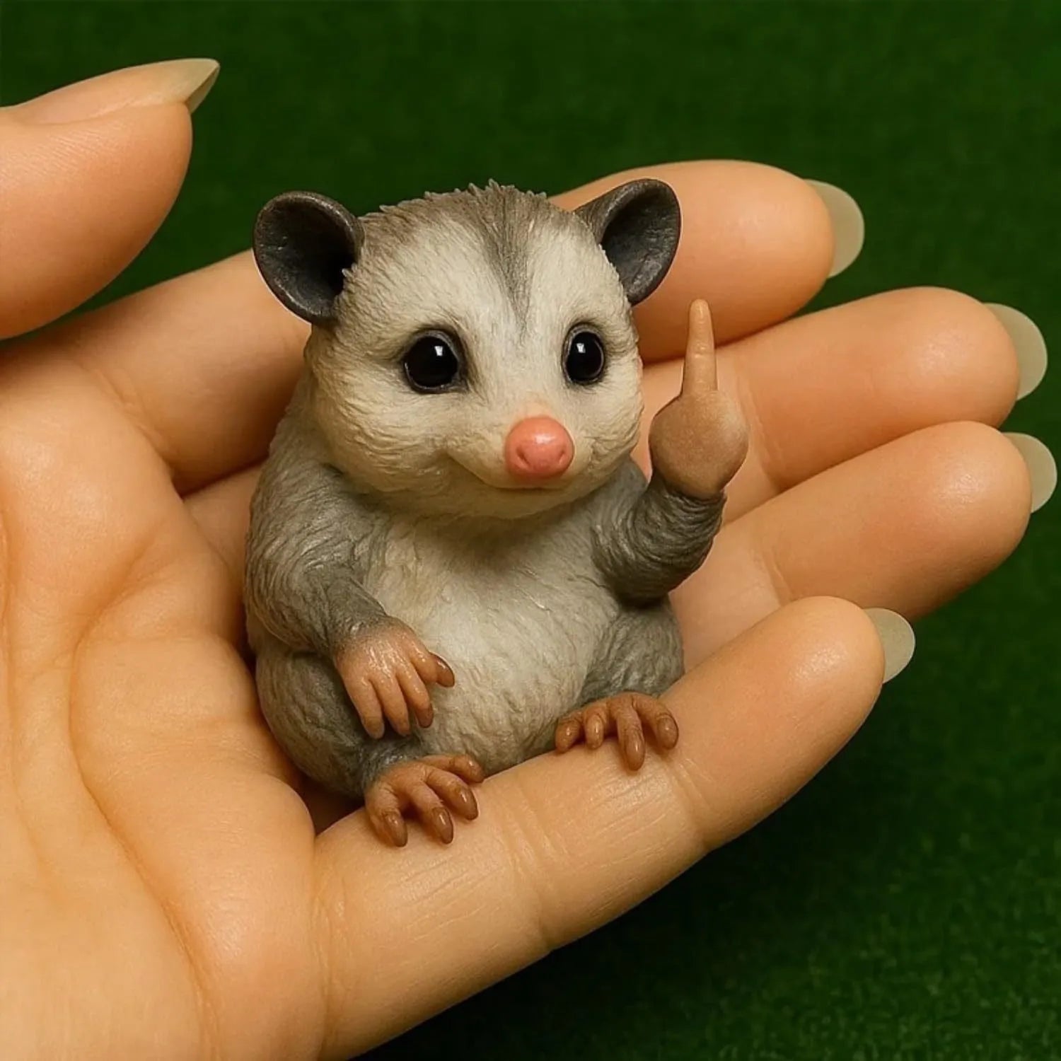 Mini resin animal doll holding up a middle finger, available in cat, dog, elephant, frog, cow, mouse, and turtle styles.