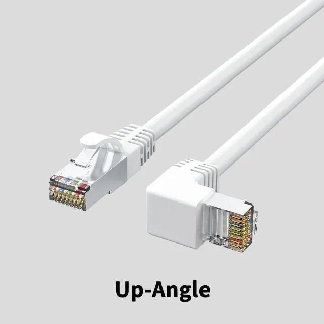 Cat6 Ethernet cable with right-angle RJ45 connector in multiple colour options including black, white, and red