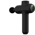 Black rechargeable electric muscle massager with six circular heads showing size and button control.