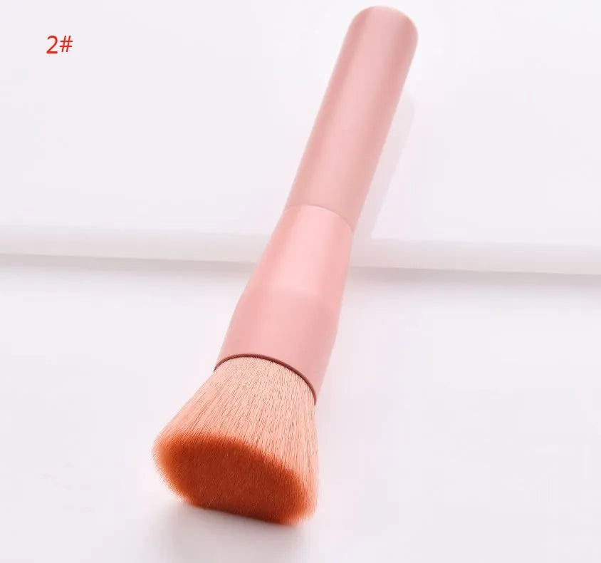 Ten-piece wooden handle makeup brush set with nylon bristles including powder, foundation, and double-ended brushes