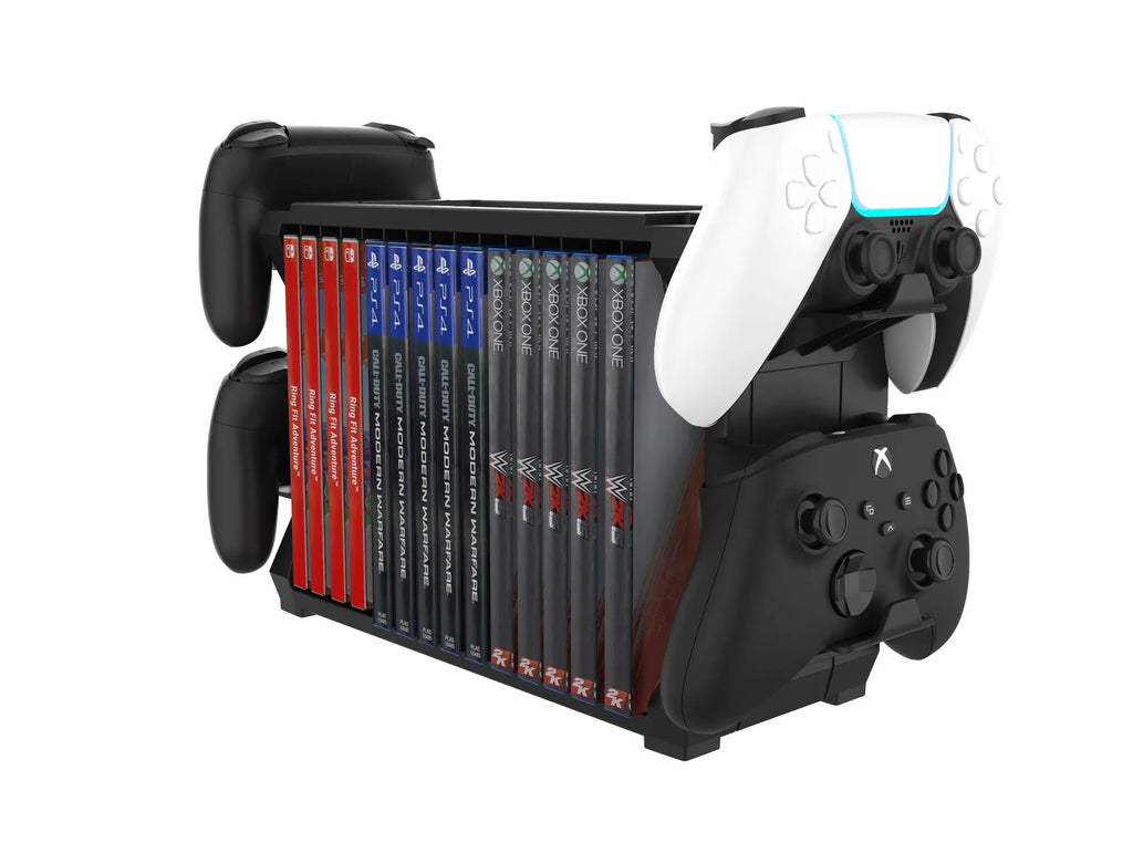 Black ABS plastic stand holding game discs and four controllers for PS5 and Xbox
