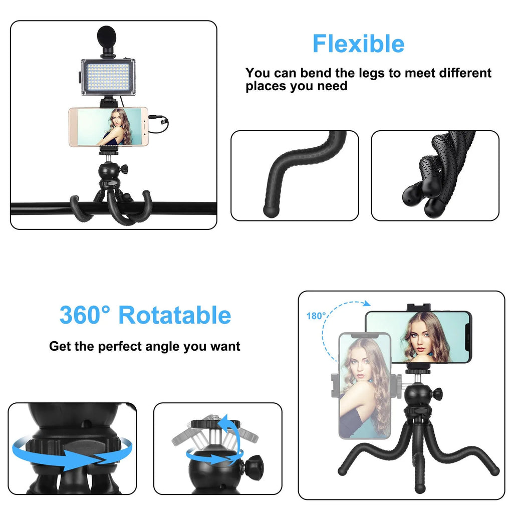 Black octopus tripod stand with flexible rubber legs and fill light for iPhone