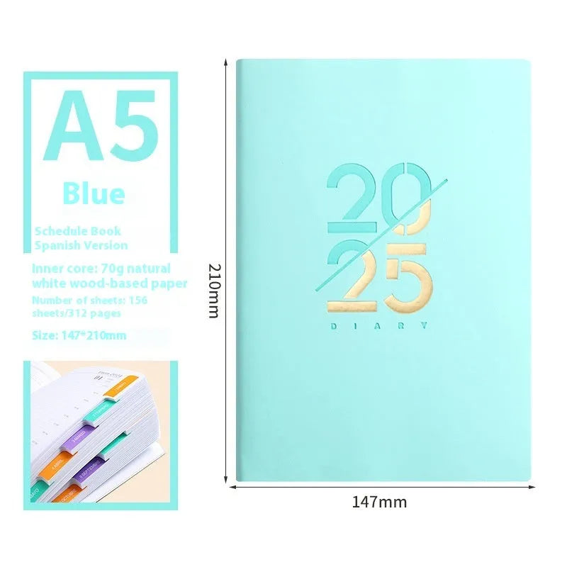 Soft faux leather A5 daily planner book open on a desk, showing Dorian paper pages and available colour variants.