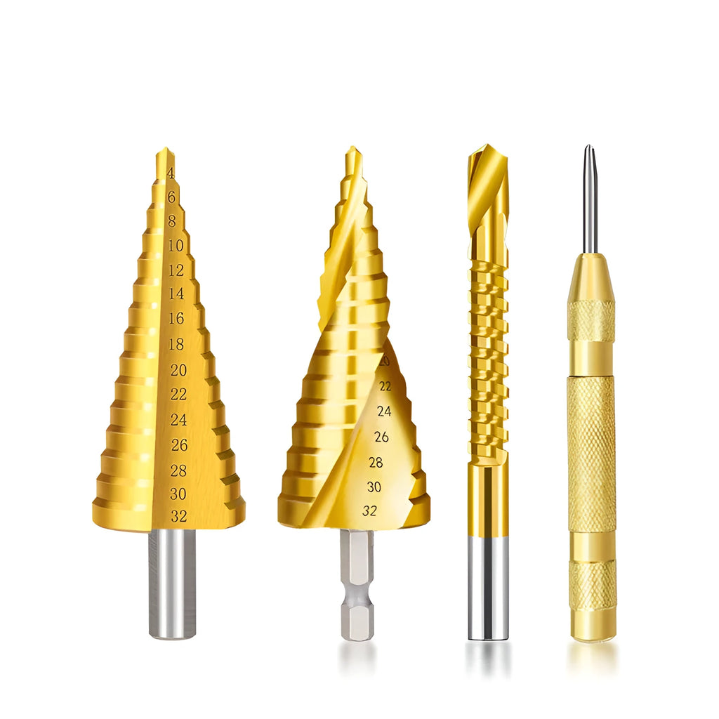 High speed steel cone drill bits and a centre punch arranged in a set, showing colour-coded handles.