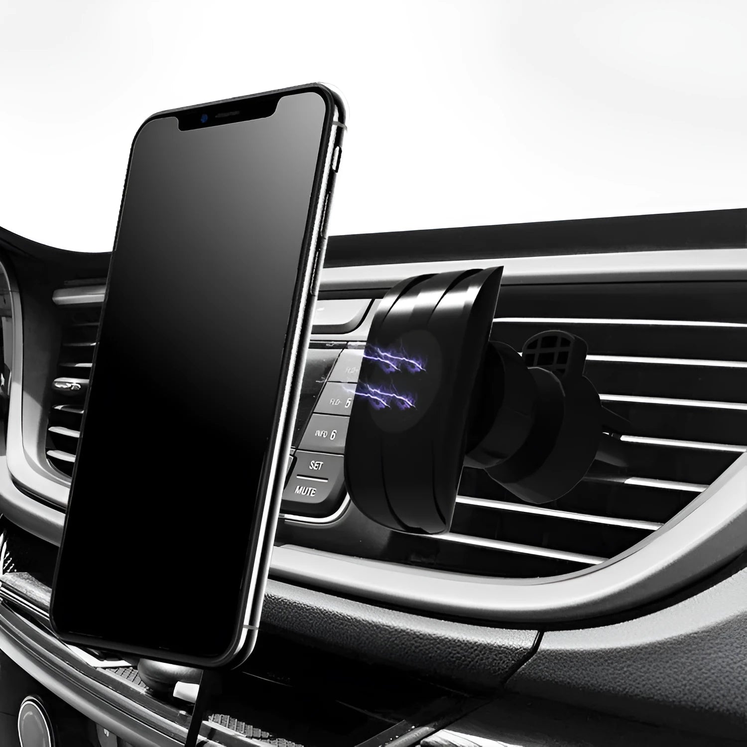 A matte black universal car phone holder mounted on a car air vent, showing the adjustable arm and phone grip.
