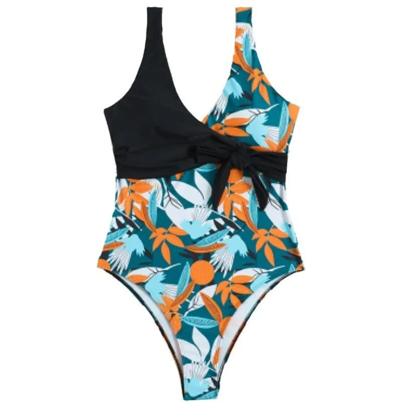 Women's high-waist one-piece swimsuit with printed pattern in polyester fabric