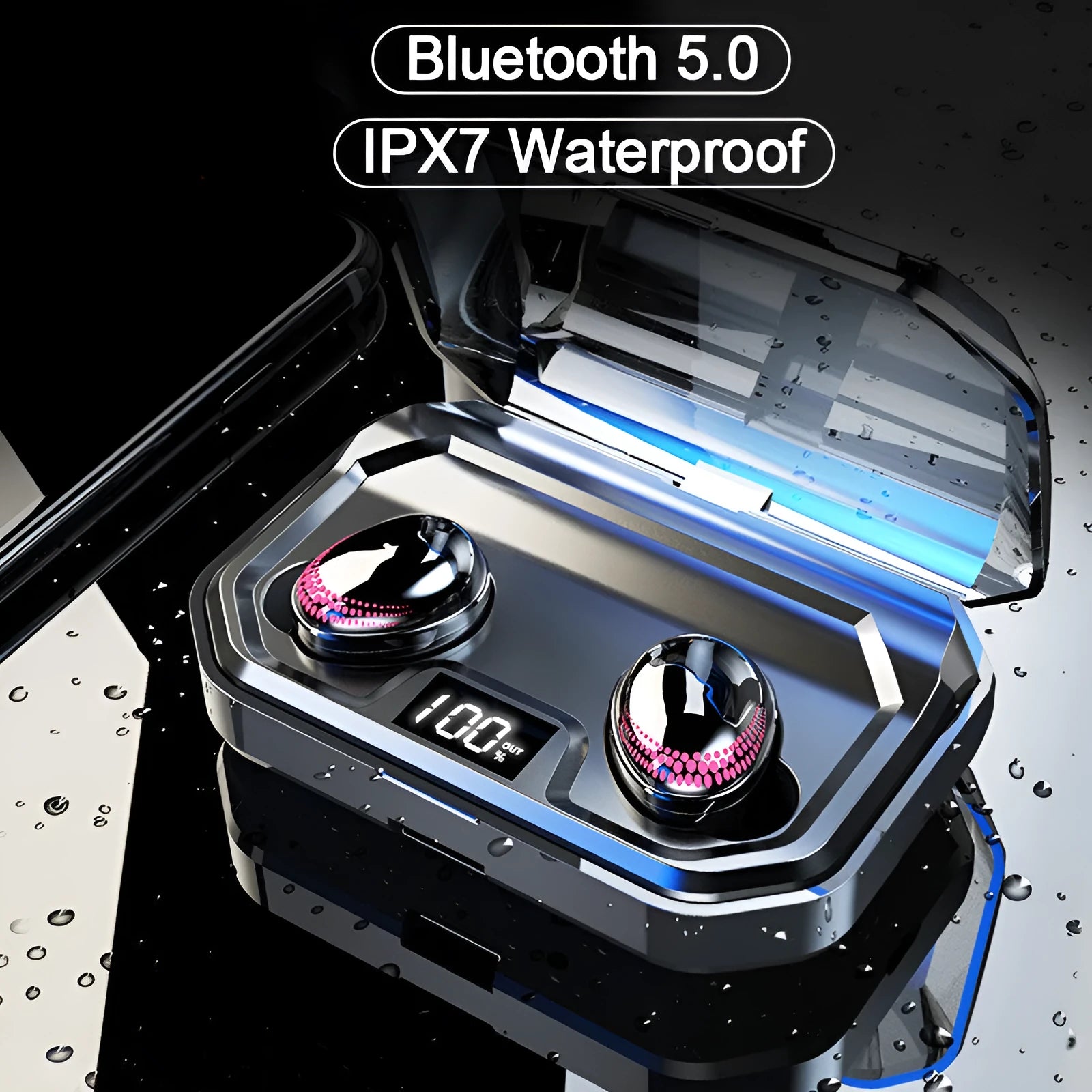 Black X10 Bluetooth wireless earbuds with charging case showing compact design