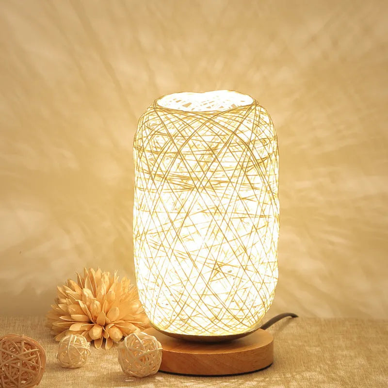 Brown hemp rope Sepak Takraw desk lamp with beige accents on solid wood base