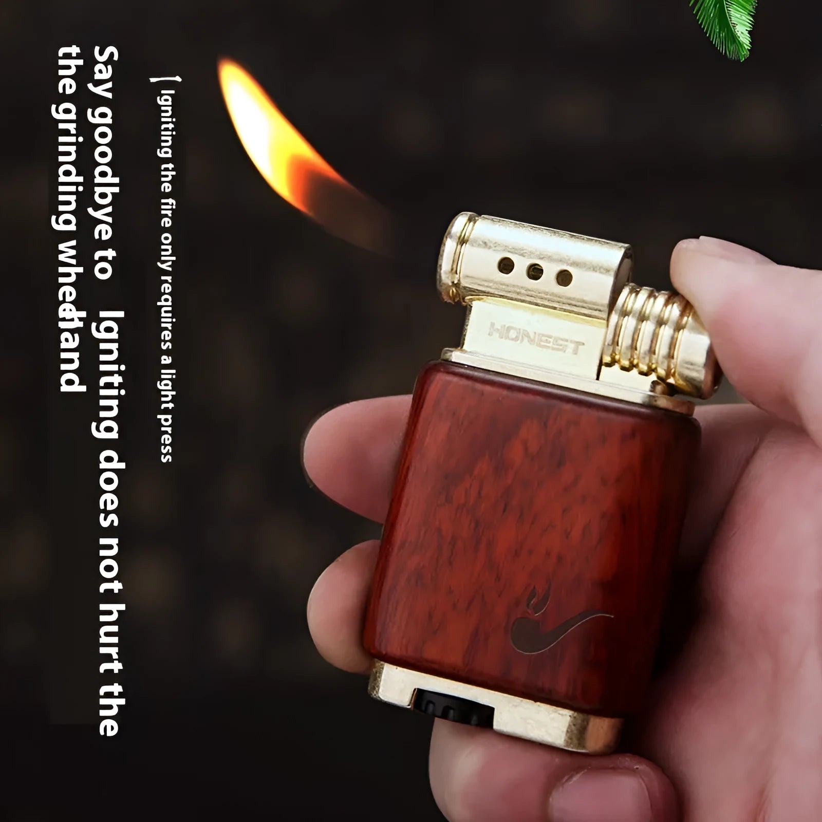 Ebony gas lighter with decorative wood finish in metal construction
