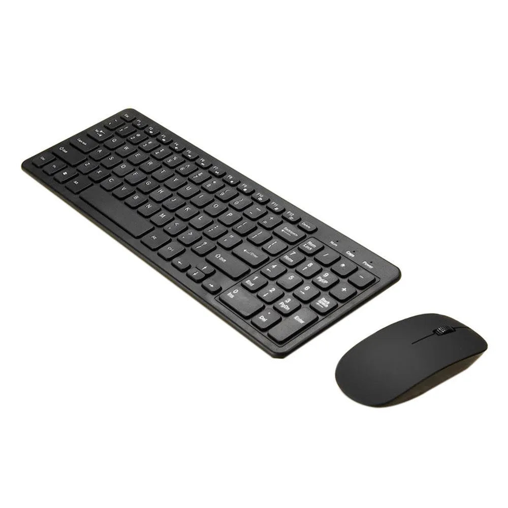 Black wireless keyboard and mouse set on a desk showing 96-key layout and compact mouse.