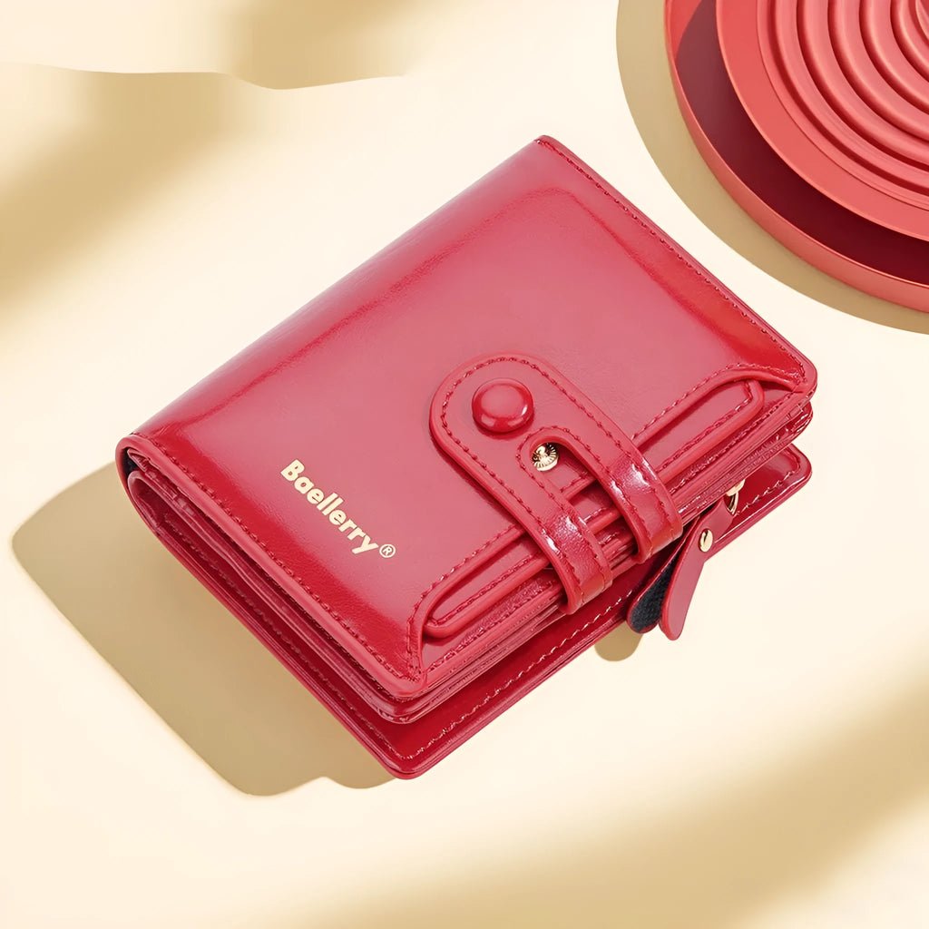 Women's PU leather card holder wallet showing colour options including lake water green and yellow brown