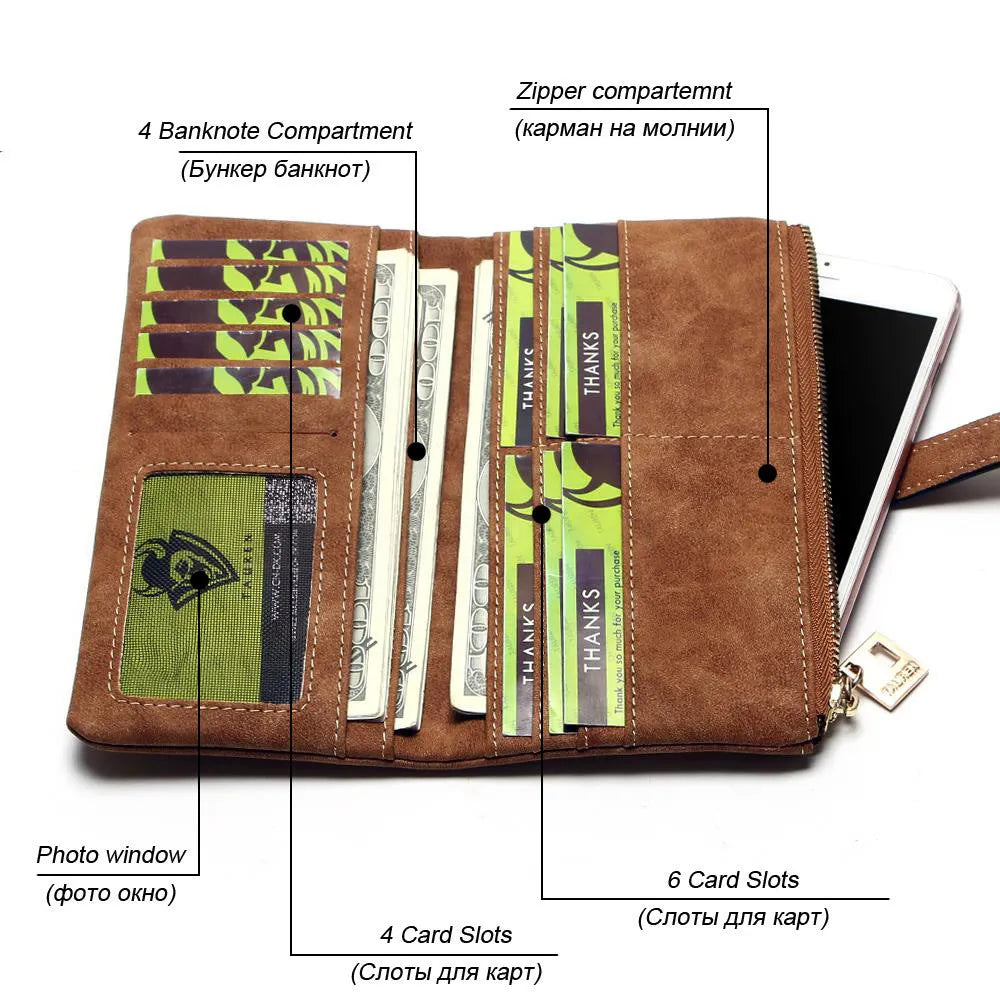 Vertical women's long wallet in retro matte Pu leather with zip closure showing interior card slots and phone pocket