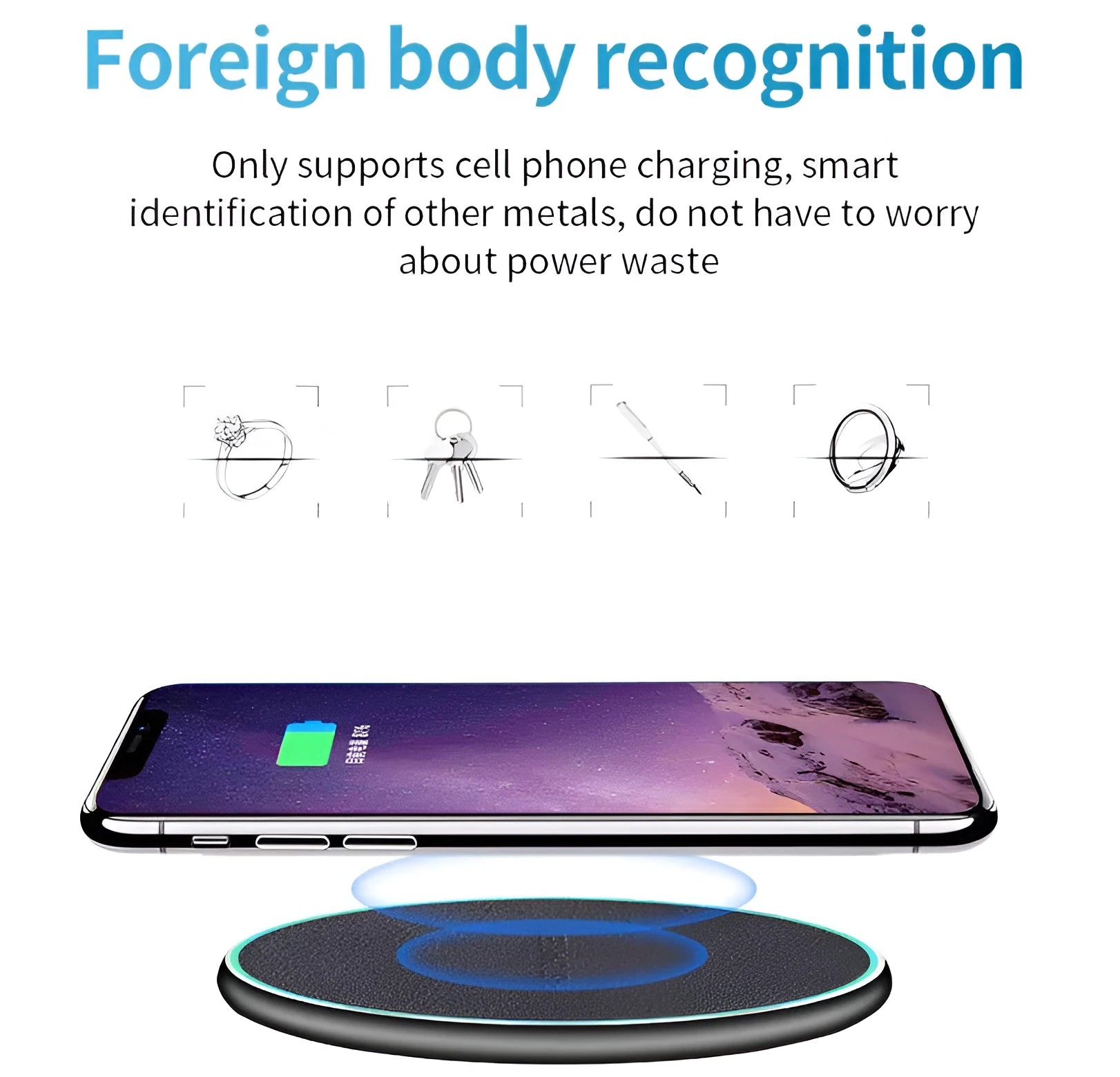 Black Qi wireless charging pad with built-in stand for iPhone 11 on a desk.