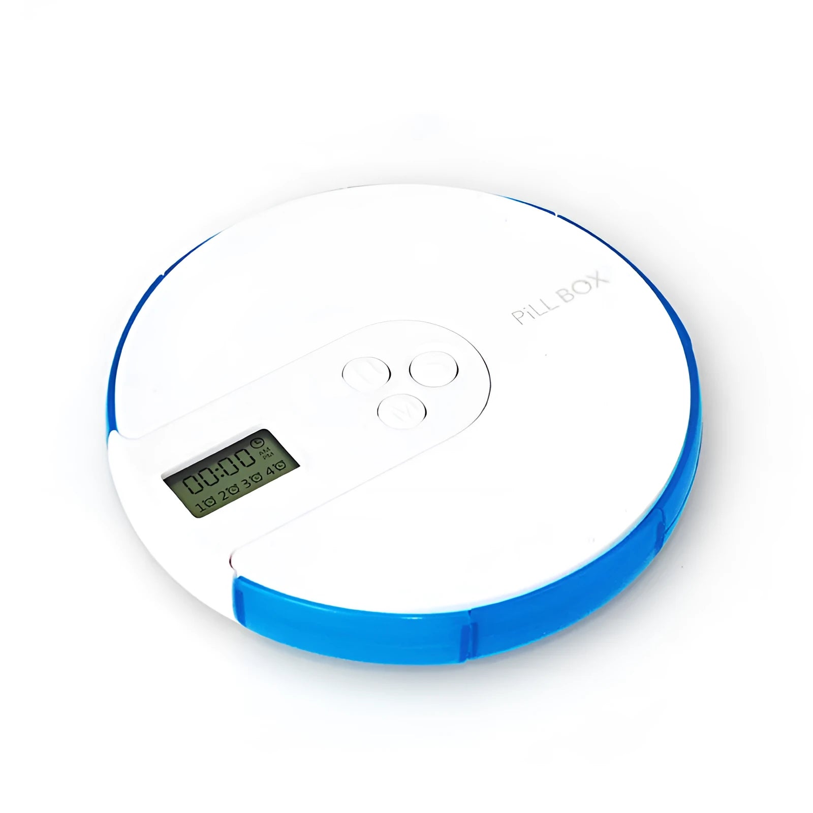 Blue 7-compartment alarm clock pill dispenser showing digital display and pill slots.