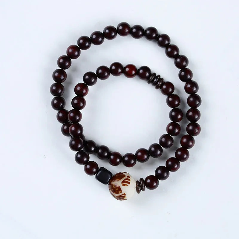 Natural rosewood double-ring bracelet with 10mm flower-shaped beads and knitted construction