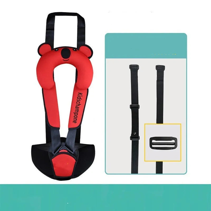 Portable child car seat belt retainer in red polyester fabric, showing seat dimensions.