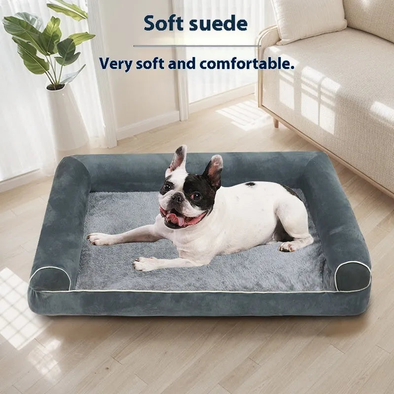 Square cloth dog bed with sponge insert, shown in dark grey colour