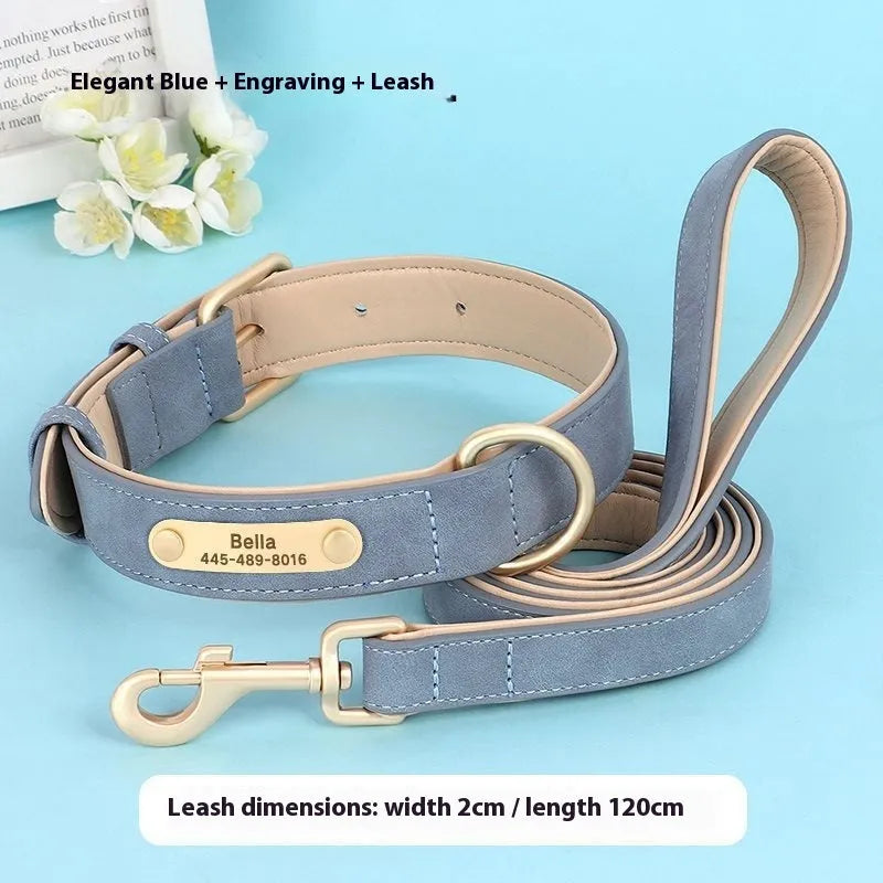 Double-layer leather dog collar with mohair lining and attached traction rope in blue colour