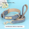 Double-layer leather dog collar with mohair lining and attached traction rope in blue colour