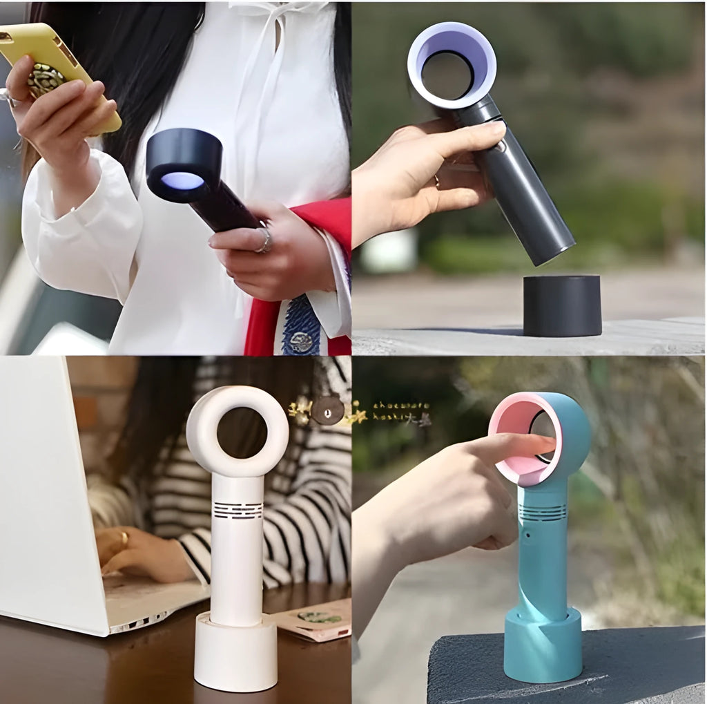 A portable bladeless desk fan with a modern design, shown on its base with a USB cable, available in multiple colours.