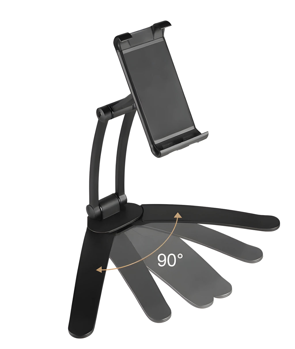 Silver aluminium alloy desktop tablet stand holding a tablet, showing 360-degree rotation adjustment.