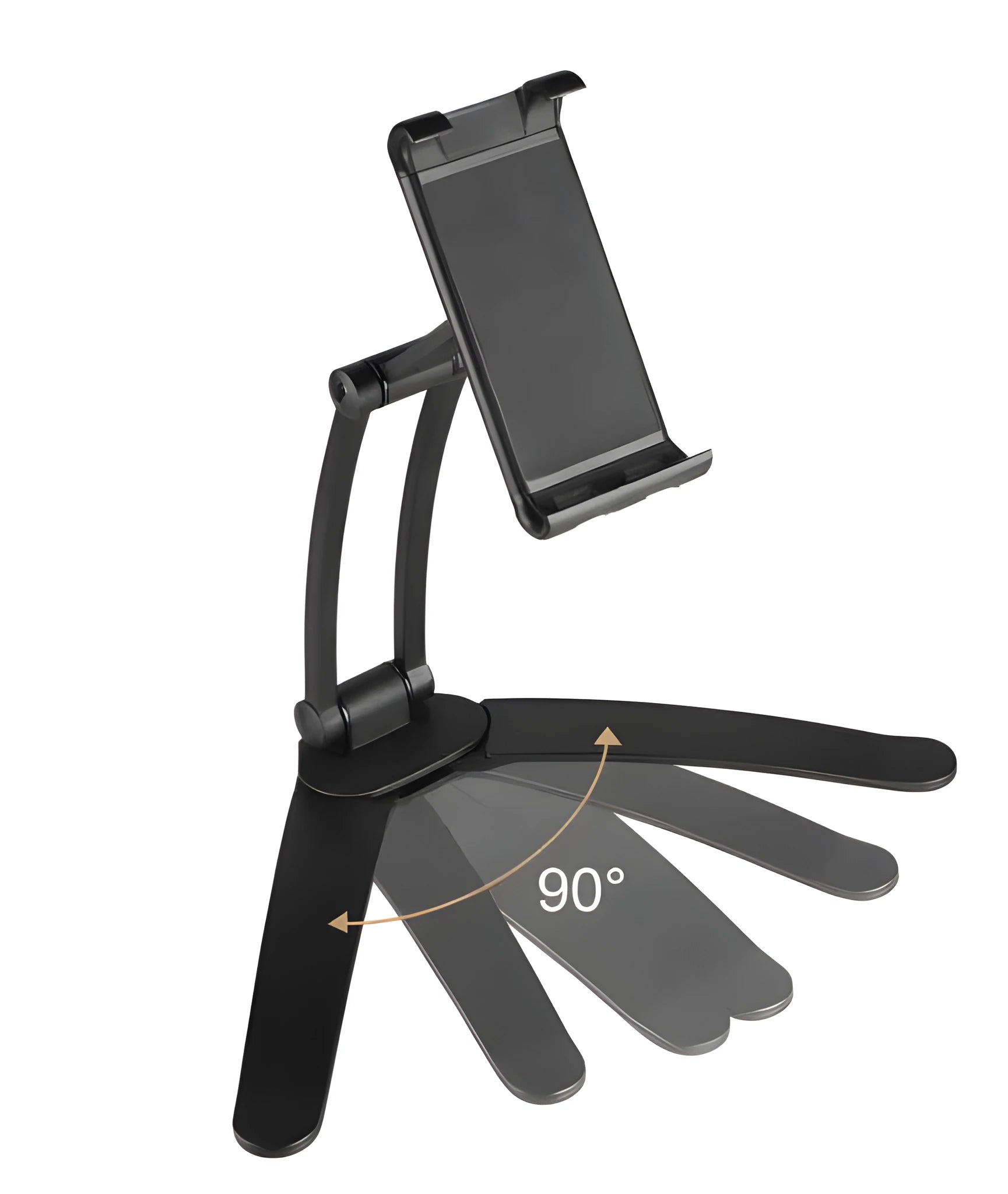 Silver aluminium alloy desktop tablet stand holding a tablet, showing 360-degree rotation adjustment.