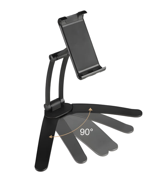 Silver aluminium alloy desktop tablet stand holding a tablet, showing 360-degree rotation adjustment.