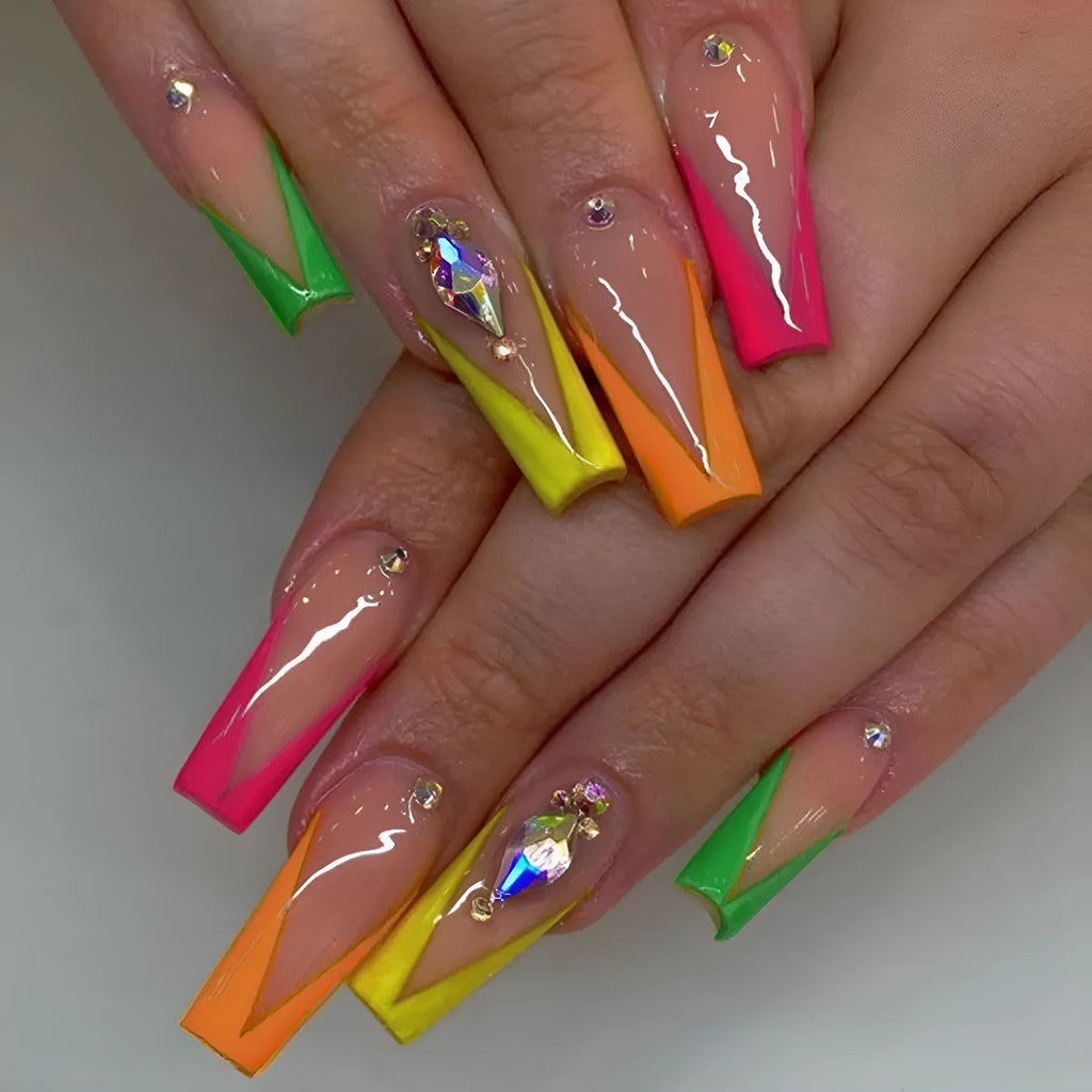 Diamond colour French style press-on nail tips with cartoon and cross heart patterns, jelly glue, and filing strip kit.
