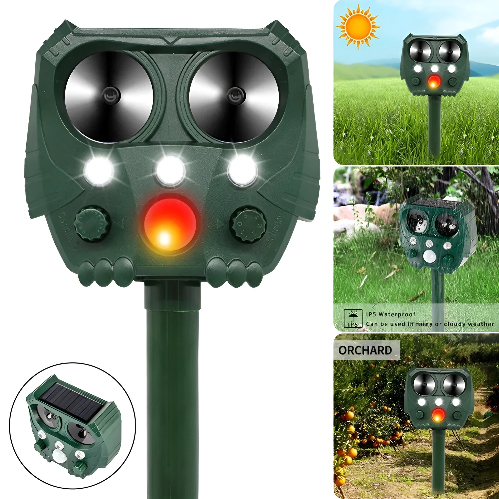Green solar ultrasonic animal repeller with LED lights for outdoor pest control