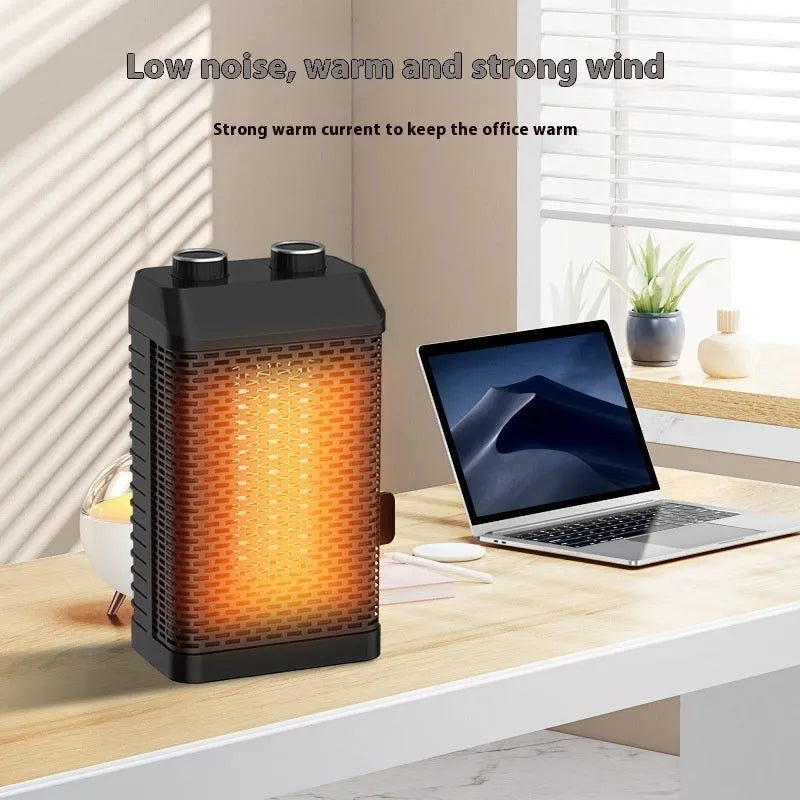 Black smart portable electric heater with remote control on a desktop.