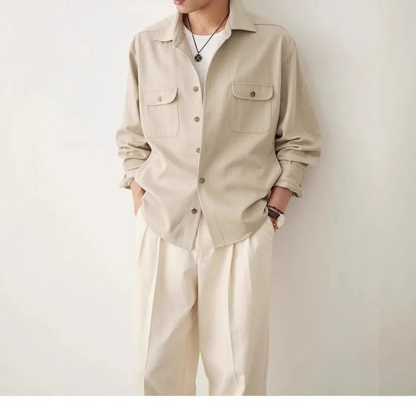 Men's formal shirt with cotton lapel collar in light sand rice colour showing simple profile design
